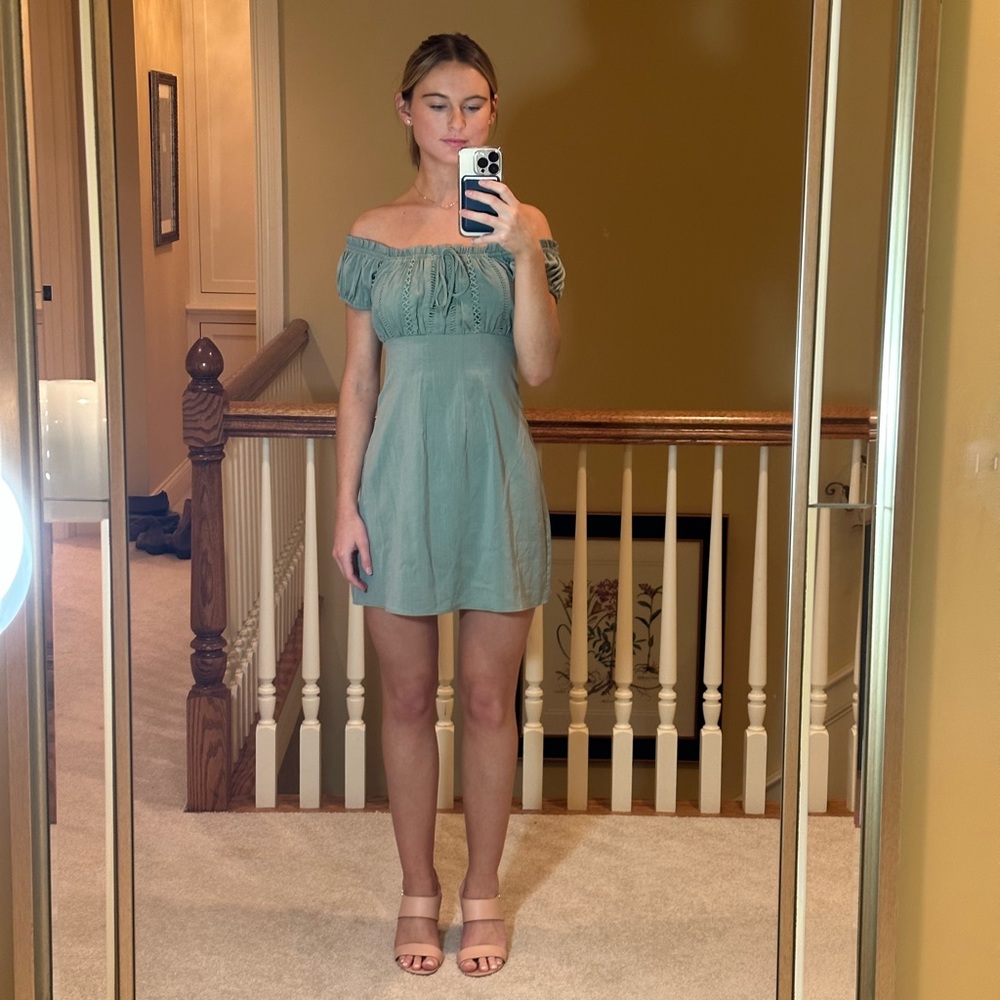 Lulus Wisteria Embroidered Off-the-Shoulder Mini Dress (Sage Green, XS)